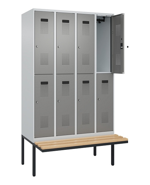C+P Doppelstock-Spind Evolo PLUS, Bank, 8 Fächer, 2120x1200x815mm, 7035/0004, Zylinderschloss, Sitzfläche Buche-Hartholz, 0493407-40 S10041