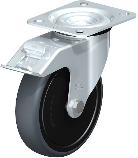 Blickle LE-TPA 127KD-FI-ELS-FK Stahlblech-Lenkrolle mit Anschraubplatte & Feststeller, Thermoplastisches Gummi-Elastomer, Grau, 849855