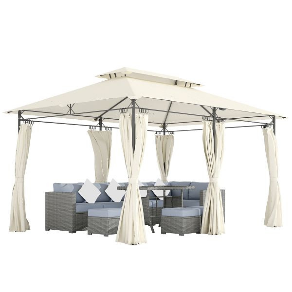 Outsunny Gartenpavillon 3x4 m mit abnehmbaren Vorhängen, Doppeldach und Metallgestell, Cremeweiß, 84C-580V00CW