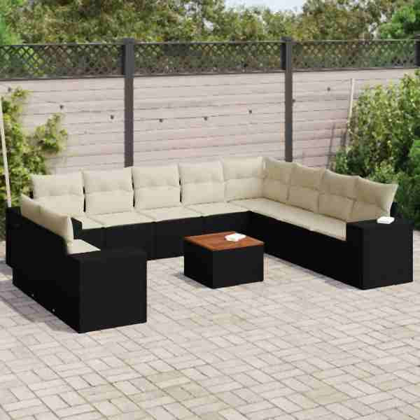 vidaXL 11-tlg. Garten-Sofagarnitur mit Kissen Schwarz Poly Rattan, UV-beständig, 3257848