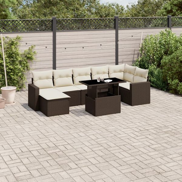 vidaXL 8-teilig Garten-Sofagarnitur mit Kissen Braun Poly Rattan, 3267433