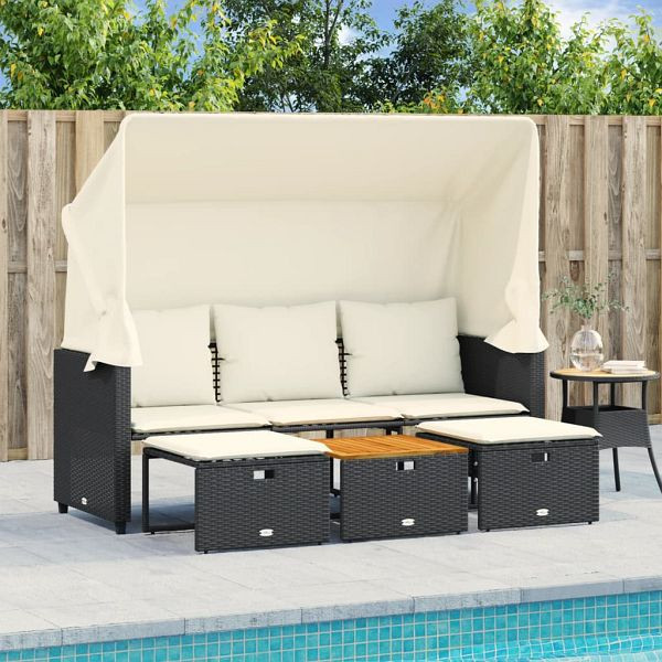 vidaXL Outdoor-Sofa 3-Sitzer mit Dach und Hockern Schwarz Poly-Rattan, 365453