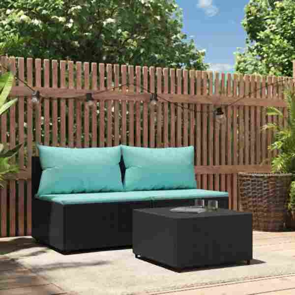 vidaXL 3-tlg. Garten-Lounge-Set mit Kissen Schwarz Poly Rattan, 319803