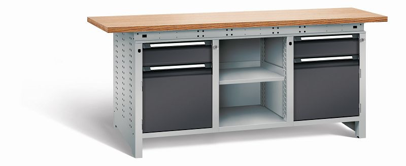 Otto Kind Werkbank Serie function Typ 308, Multiplexplatte 40 mm, überstehend, 2x Unterbau + mittleres Feld, Gehäuse RAL 9006, Front RAL 9005, 07236323N