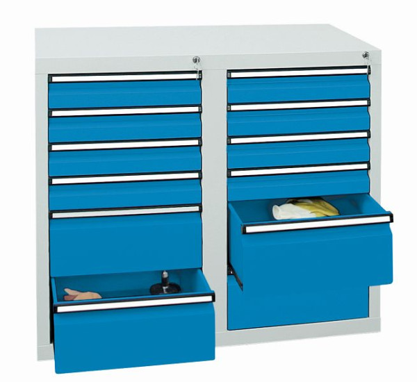 stumpf Schubladenschrank, Breite 100 cm, 100 % Teleskopauszüge, 40 kg / Schublade, 12 Schubladen, lichtgrau / lichtblau, 7102678