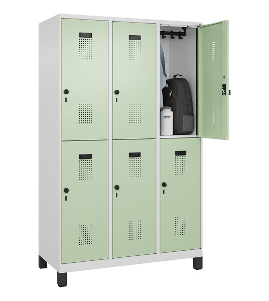 C+P Doppelstöckiger Spind Evolo PLUS, mit Füßen, 6 Fächer, 1950x1200x500mm, 901, Frontfarbe RAL 6019 Weissgrün, Drehriegel, 049310-32 S10019