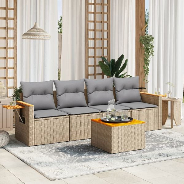 vidaXL 5-tlg. Garten-Sofagarnitur mit Kissen Beige Poly Rattan, 3259021