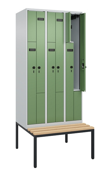 C+P Z-Spind Evolo PLUS, 6 Fächer, 2120x900x815mm, 7035/6011, Drehriegel, Sitzfläche Buche-Hartholz, Sitzbank, 0490537-306 S10002