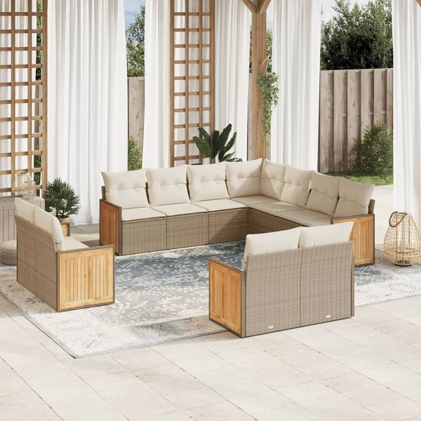 vidaXL 11-teilig Garten-Sofagarnitur mit Kissen Beige Poly Rattan, 3228179