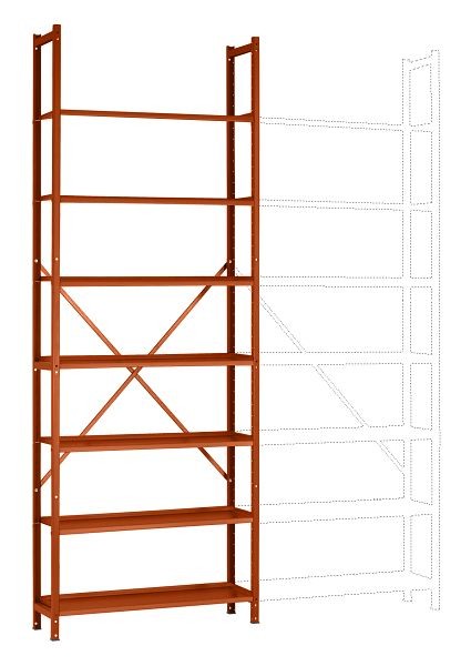 Manuflex Büro-Steck-Grundregal mit 7 pulverbeschichteten Stahlböden, HxBxT = 2600 x 960 x 300 mm, rotorange, RA3171.2001