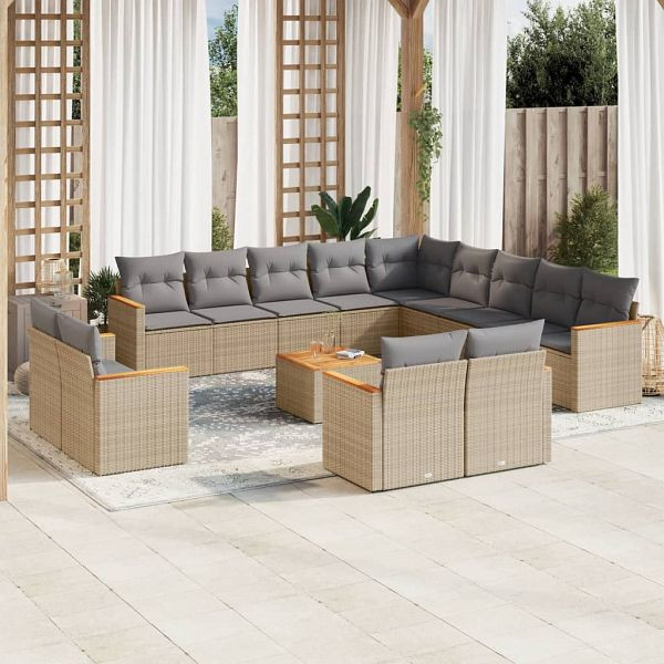 vidaXL 14-teilig Garten-Sofagarnitur mit Kissen Beige Poly Rattan, 3258937