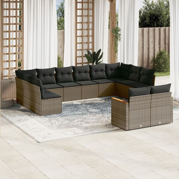 vidaXL 12-teilig Garten-Sofagarnitur mit Kissen Grau Poly Rattan, 3258847