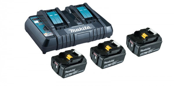 Makita Power Source Kit Li 18,0 V 5 Ah inkl. Doppelladegerät & 3 Akkus im Karton, 198458-6