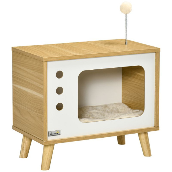 PawHut Katzenhöhle imTV-Design, waschbares Kissen, 50 cm x 28 cm x 43 cm, Eiche + Beige + Weiß, D30-595V00AK