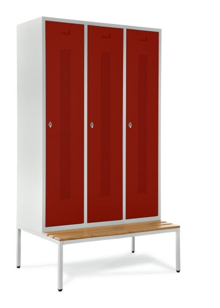 Deskin Garderobenspind SYSTEM SP1 mit Sitzbank, Korpus Lichtgrau, Türen Rubinrot, H 2050 x B 1185 x T 800 mm, Drehriegelverschluss, 330803
