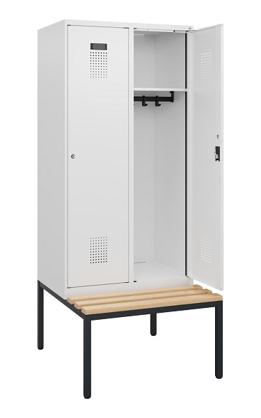 C+P Spind Evolo PLUS, 2 Abteile, 1950x800x815mm, 9016/9016, Zylinderschloss, Sitzfläche Buche-Hartholz, Sitzbank, 0490505-22 S10047