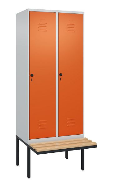 C+P Umkleidespind Classic PLUS, 2 Abteile, 2120x800x815mm, 7035/2004, Drehriegel, Buche-Sitzleisten, je 2 Doppel-Haken, 0800407-22F S10119