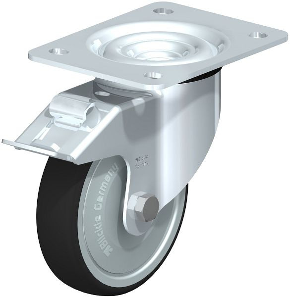Blickle LK-PATH 125K-3-FI-FK Stahlblech-Lenkrolle, schwere Ausführung, mit Anschraubplatte & Feststeller, Thermoplastisches Polyurethan, Grau, 760097