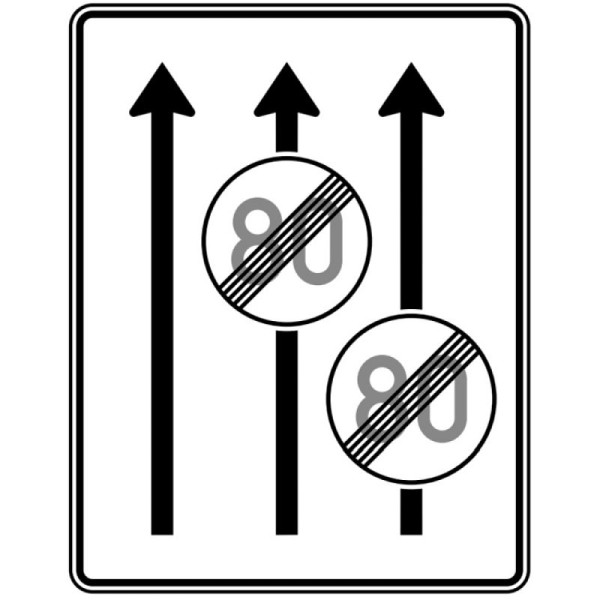 Stein HGS Fahrstreifentafel ohne Gegenverkehr, RA1/Flachform 3mm, ohne Entfernungsangabe, 1600x1250mm, 3 Streifen in Fahrtrichtung, 2 Streifen Ende Höchstgeschwindigkeit, 537-31-113