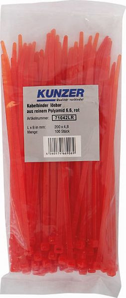 Kunzer Kabelbinder 200 x 4,8 rot (100 Stück) lösbar, 71042LR