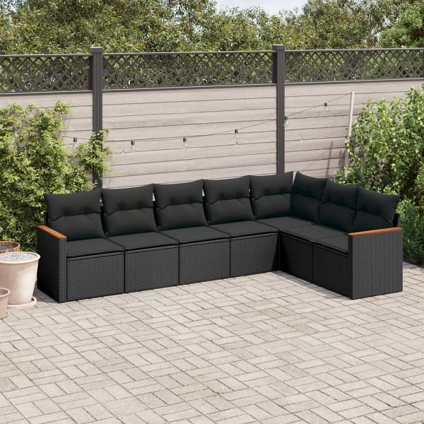 vidaXL 7-teilig Garten-Sofagarnitur mit Kissen Schwarz Poly Rattan, 3226027