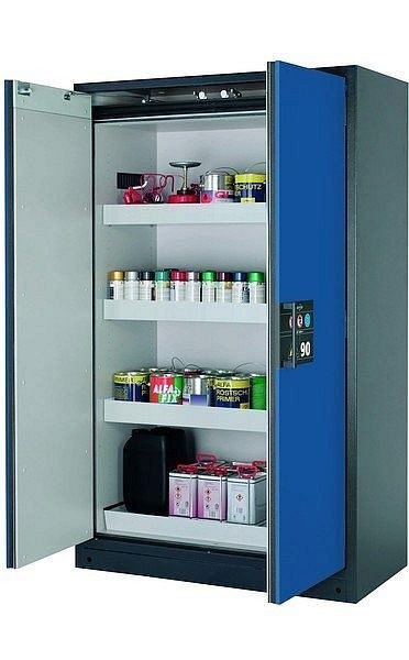 asecos Sicherheitsschrank Q-CLASSIC-90, Q90.195.120 in enzianblau RAL 5010 mit 3x Wannenboden Standard (Stahlblech), 30001-047-30007