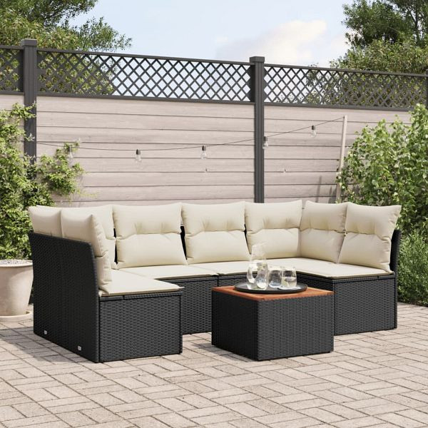 vidaXL 7-teilig Garten-Sofagarnitur mit Kissen Schwarz Poly Rattan, 3255888