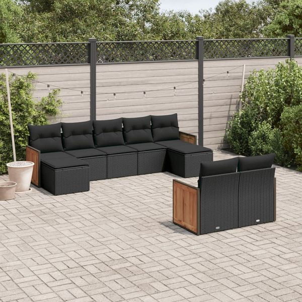 vidaXL 9-tlg. Garten-Sofagarnitur mit Kissen Schwarz Poly Rattan, 3228078