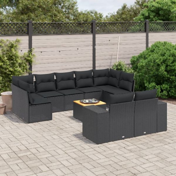 vidaXL 10-tlg. Garten-Sofagarnitur mit Kissen Schwarz Poly Rattan, 3257924