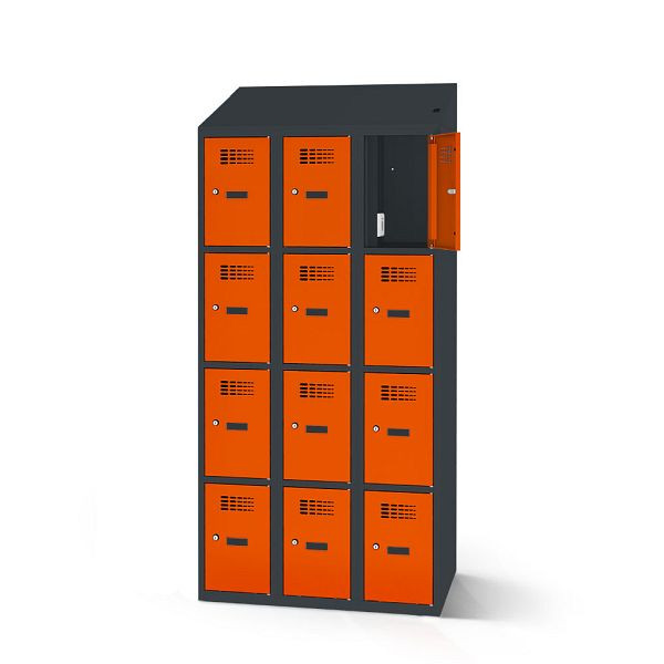 Rotstahl Fächerschrank, 12 Fächer, Stollenfüße, mit Ladefunktion, Schrägdach, Korpus: anthrazitgrau, Türen: reinorange, 2180-030400-1202112-7016-2004