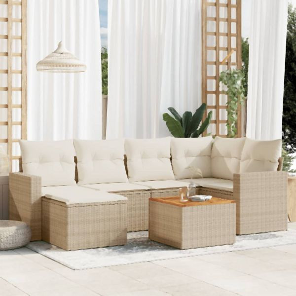 vidaXL 7-tlg. Garten-Sofagarnitur mit Kissen Beige Poly Rattan, 3256555