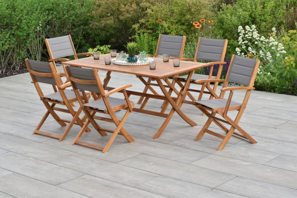 Merxx Acapulco Set 7-teilig, 6 Acapulco Klappsessel, gepolstert, 1 Klapptisch, 160 x 90 cm, FSC Akazienholz mit Textilbespannung, 50771-309