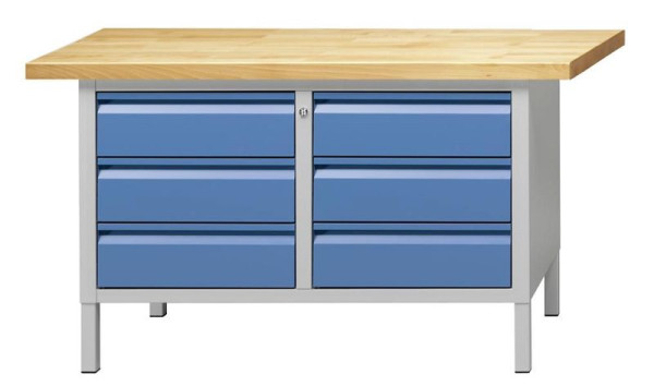 ANKE Werkbänke Kastenwerkbank; 1500x700x850 mm; RAL 7035/5012; Buche-Massiv-Platte 50 mm; Links 3 Schubladen 170 mm; Rechts 3 Schubladen 170 mm, 510.033