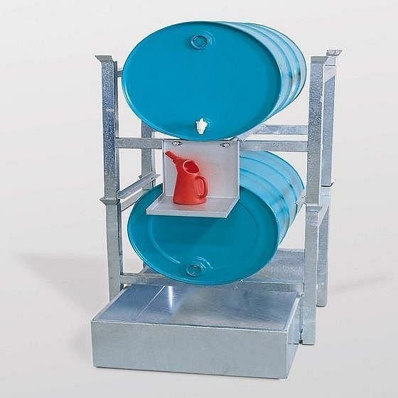asecos Fassregal mit Auffangwanne aus Stahl, 2x60 Liter oder 2x200 Liter, verzinkt Auffangwanne, 1079-9845