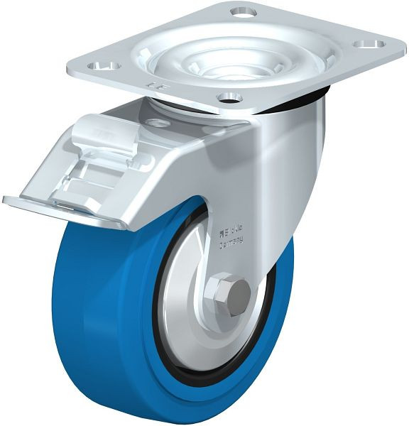 Blickle LE-POEV 100XR-FI-SB-FA Stahlblech-Lenkrolle mit Anschraubplatte & Feststeller, Elastik-Vollgummi, Blau, 850101