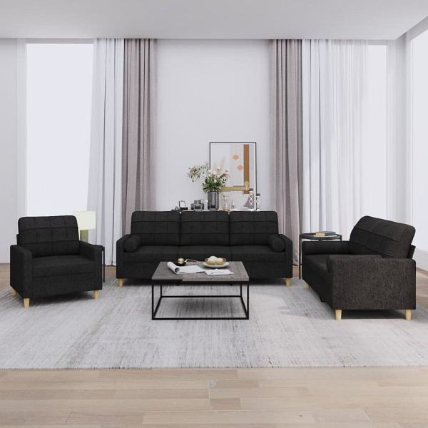 vidaXL 3-teilig Sofagarnitur mit Kissen Schwarz Stoff, 3201262