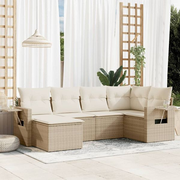 vidaXL 6-teilig Garten-Sofagarnitur mit Kissen Beige Poly Rattan, 3252795