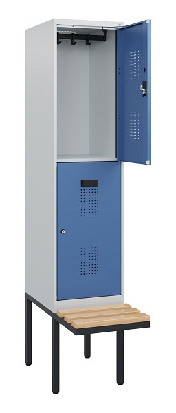 C+P Doppelstock-Spind Evolo PLUS, Bank, 2 Fächer, 1950x400x815mm, 7035/5023, Zylinderschloss, Sitzfläche Buche-Hartholz, 0493405-12 S10033