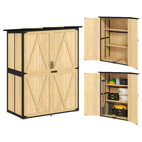 Outsunny Gartenschrank aus Holz und Stahl, Outdoor-Werkzeugschrank mit Asphalt-Dach, 2 Regale, verschließbare Türen, Naturholz, 84H-338V00ND