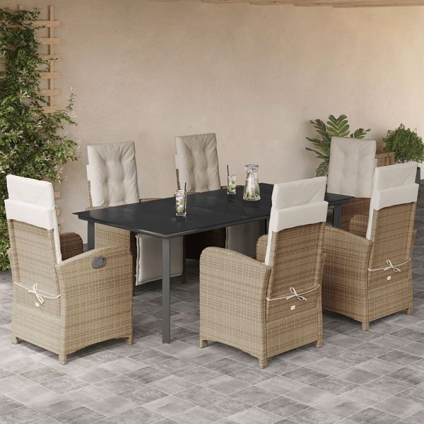vidaXL 7-teilig Garten-Essgruppe mit Kissen Beige Poly Rattan, 3212582