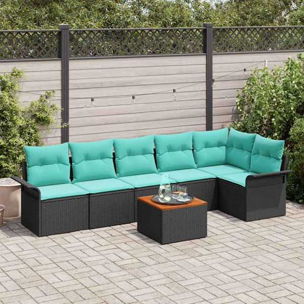 vidaXL Gartensofa-Set 7-teilig Schwarz und Türkis Poly-Rattan, 3356009