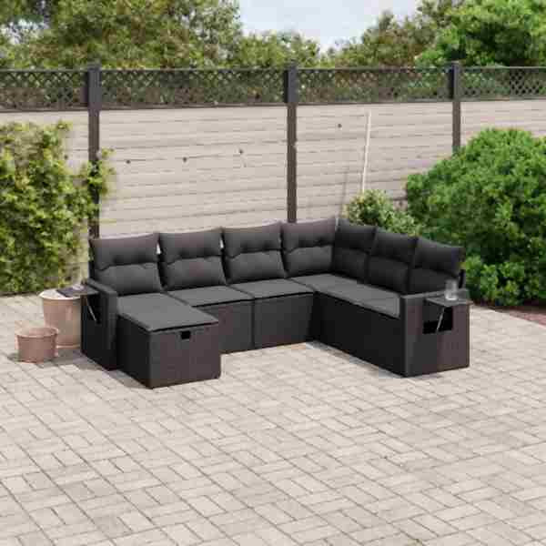 vidaXL 7-tlg. Garten-Sofagarnitur mit Kissen Schwarz Poly Rattan, UV-beständig, 3263831
