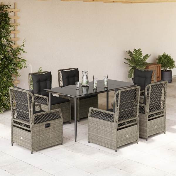vidaXL 7-tlg. Garten-Essgruppe mit Kissen Hellgrau Poly Rattan, UV-beständig, 3263031