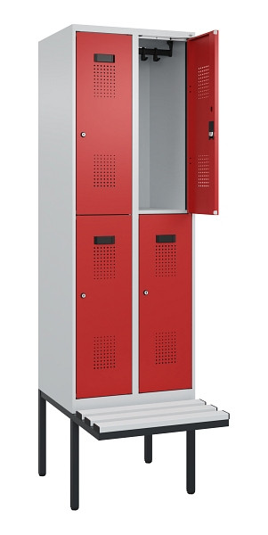 C+P Doppelstock-Spind Evolo PLUS, Bank, 4 Fächer, 2120x600x815mm, 7035/3000, Zylinderschloss, Sitzfläche Kunststoff, 0493407-20 S10111
