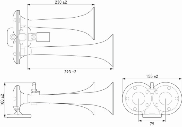 HELLA Fanfare CA32, 12V, 115dB(A), 370Hz-415Hz, Tiefton/Hochton -pneumatisch, ECE, Gehäusefarbe: chrom/schwarz, 3PB 013 410-051