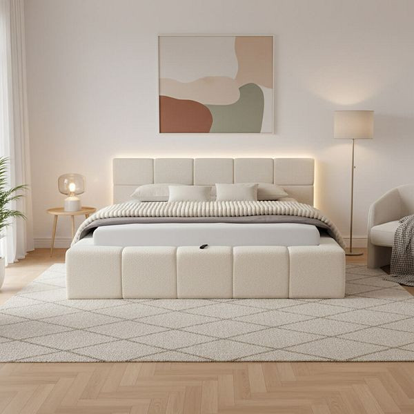 HOME DELUXE LED Bett aus Teddy-Stoff inkl. Stauraum GALA - Beige, 160 x 200 cm inkl. Matratze, 74381