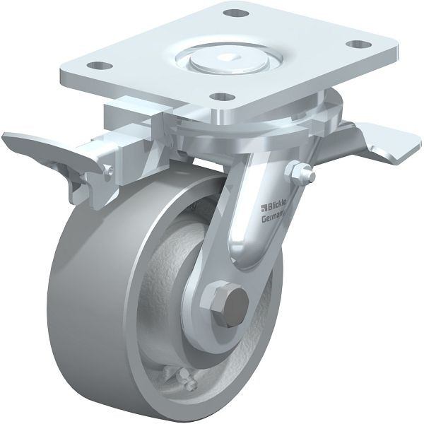 Blickle LO-G 127K-ST-RI4 Stahlgeschweißte Schwerlast-Lenkrolle mit Feststeller, Guss, Grau, 853078