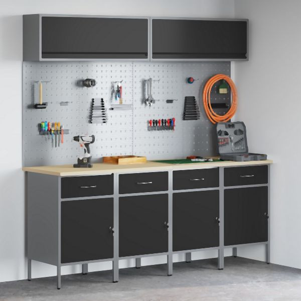 vidaXL 10-teiliges Werkbank- und Lochplattenset Schwarz MDF und Metall, 3321486