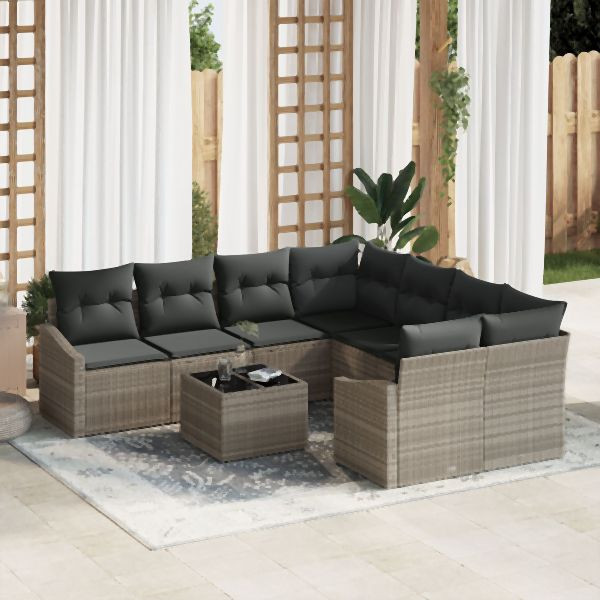 vidaXL 9-teiliges Gartentischset mit Kissen hellgrau Poly-Rattan, 3355331