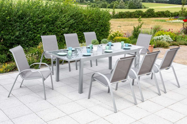 Merxx Amalfi Set 9-teilig, 8 Amalfi Stapelsessel, 1 Ausziehtisch 160 (220) x 90 cm, graue Glasplatte, silber/diamantbraun, 50341-330